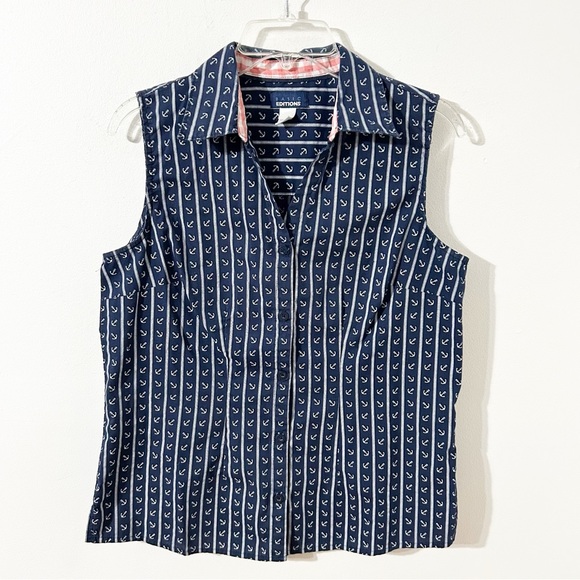 Basic Editions Blue Button Front Fitted Sleeveless Blouse Anchor ⚓️ Print Collar - Picture 1 of 8